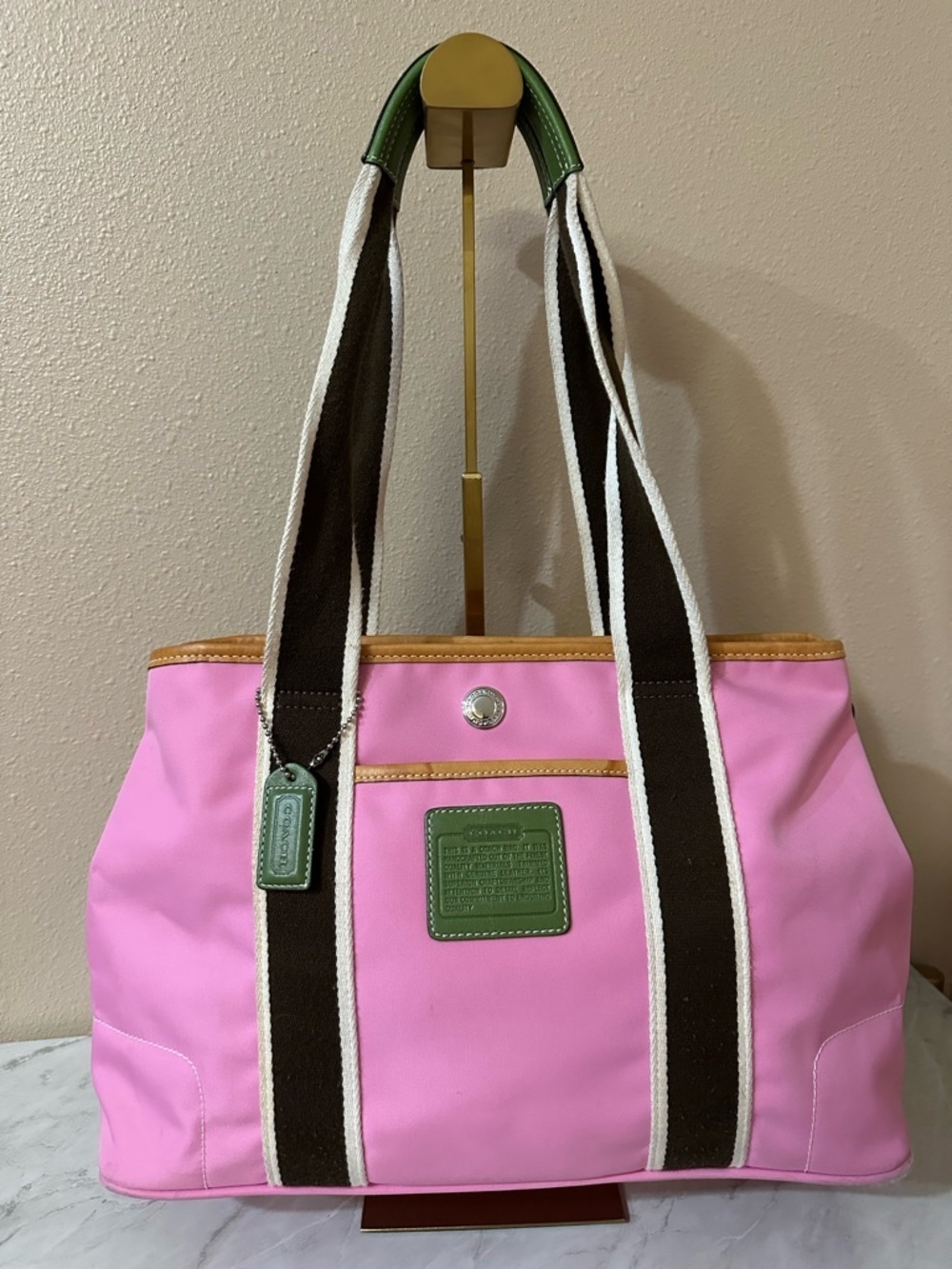 Coach Vintage Y2K Hampton Pink Tote with Green Trim and Brown Straps